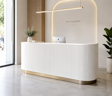 Modern curved reception desk design for salons, retail stores and offices