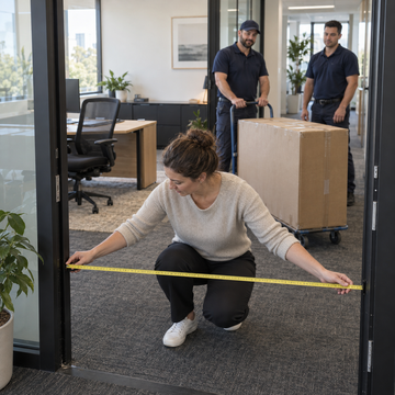 person measuring a doorway before delivering large office furniture