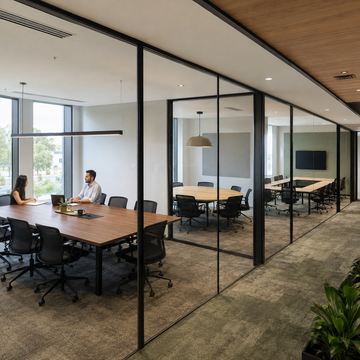 rectangular oval and U-shaped conference tables in a modern Australian office