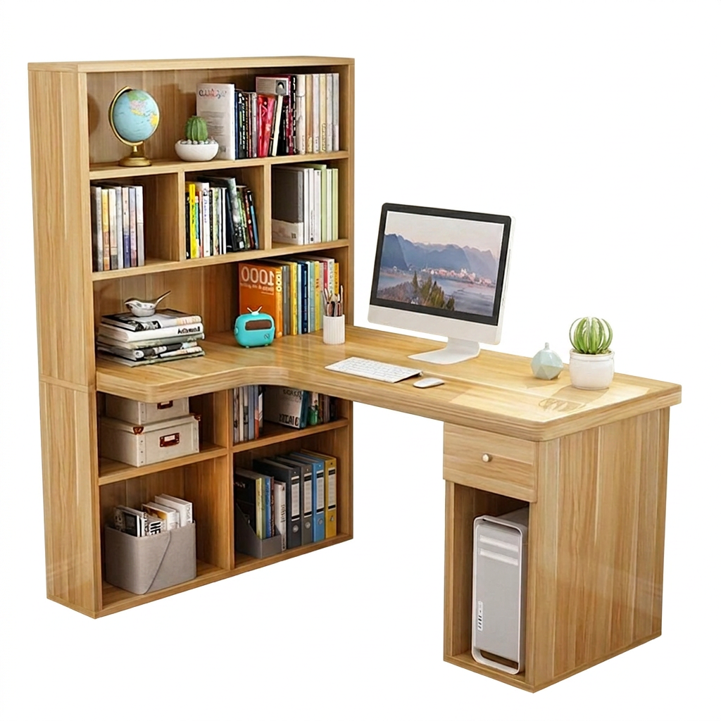 L-Shaped Corner Office Desk with Bookshelf, Engineered Wood Computer Desk 120–160cm