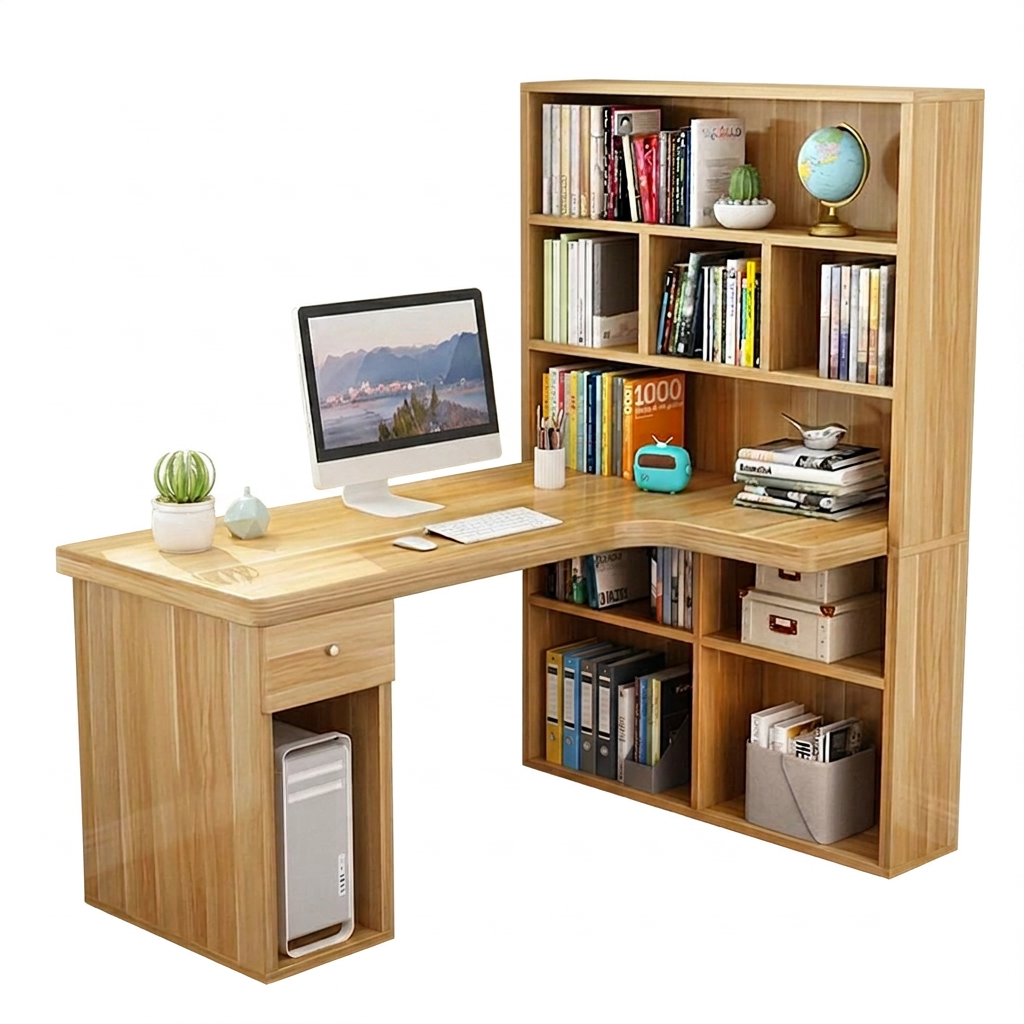 L-Shaped Corner Office Desk with Bookshelf, Engineered Wood Computer Desk 120–160cm