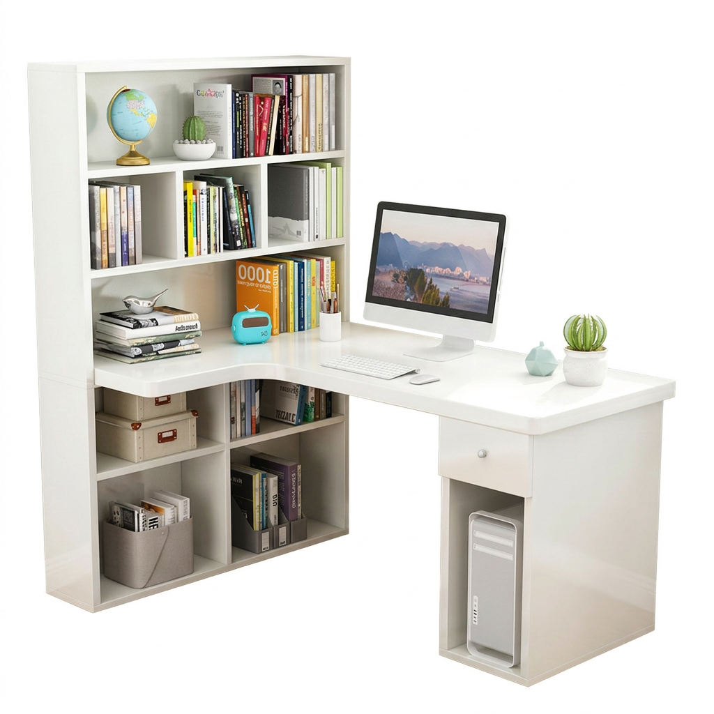 L-Shaped Corner Office Desk with Bookshelf, Engineered Wood Computer Desk 120–160cm