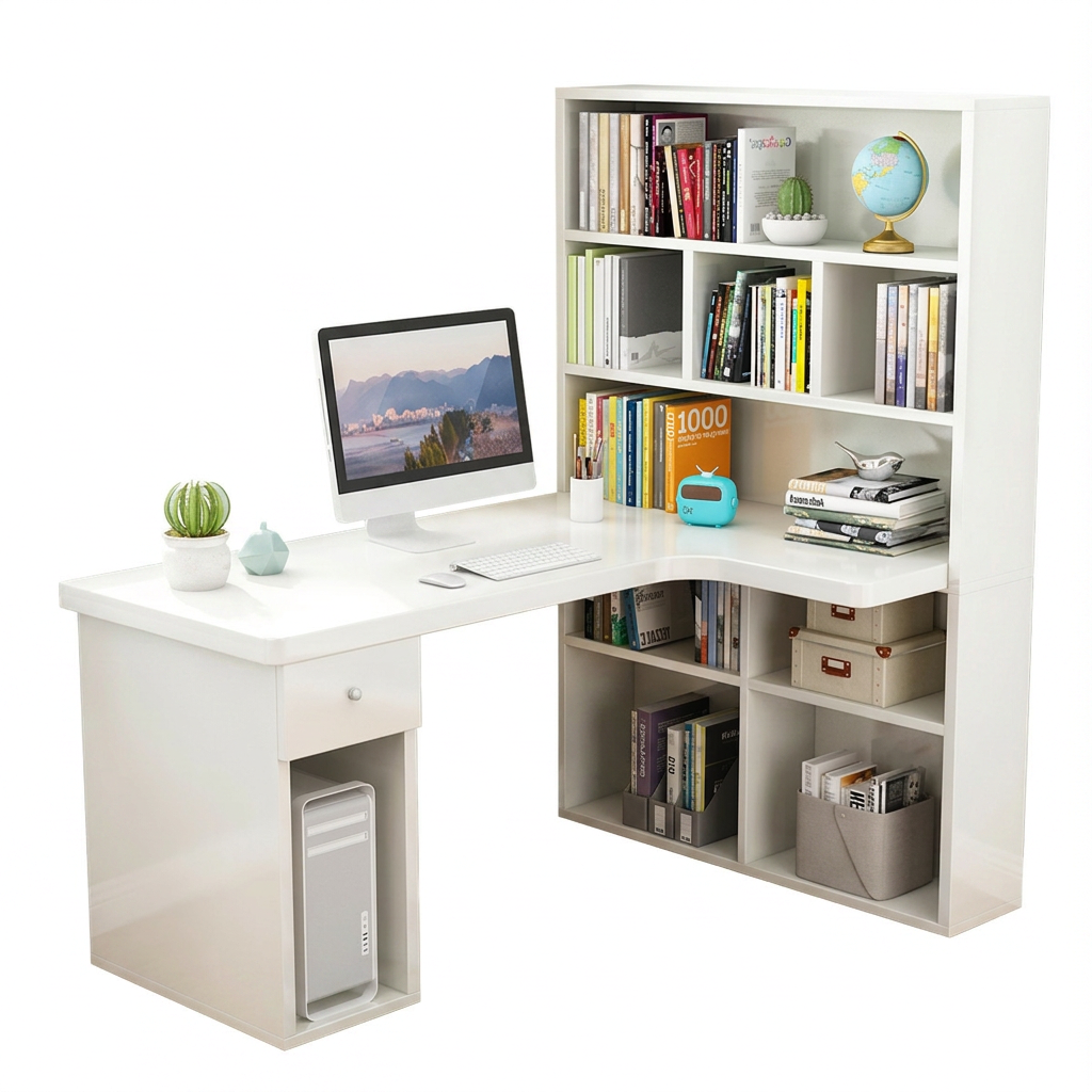 L-Shaped Corner Office Desk with Bookshelf, Engineered Wood Computer Desk 120–160cm