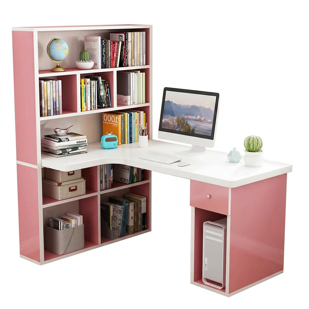 L-Shaped Corner Office Desk with Bookshelf, Engineered Wood Computer Desk 120–160cm