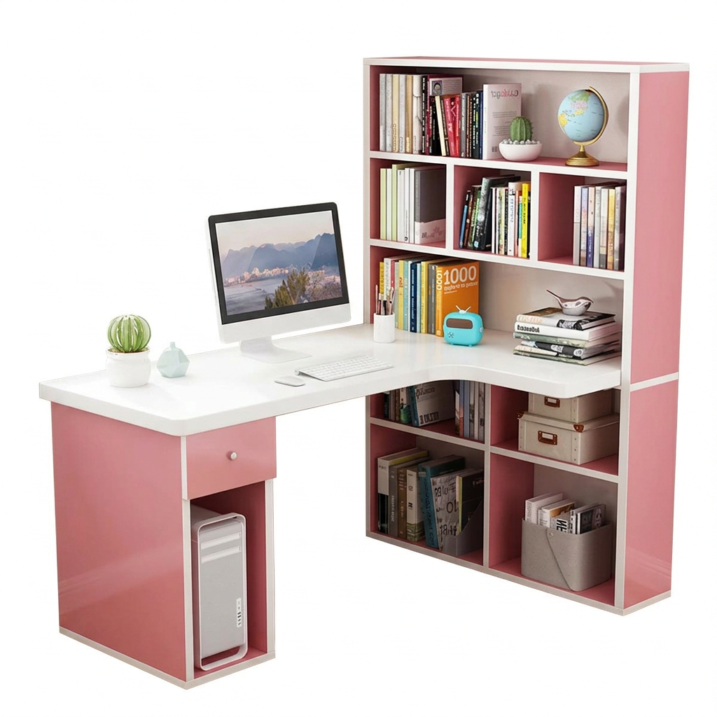 L-Shaped Corner Office Desk with Bookshelf, Engineered Wood Computer Desk 120–160cm