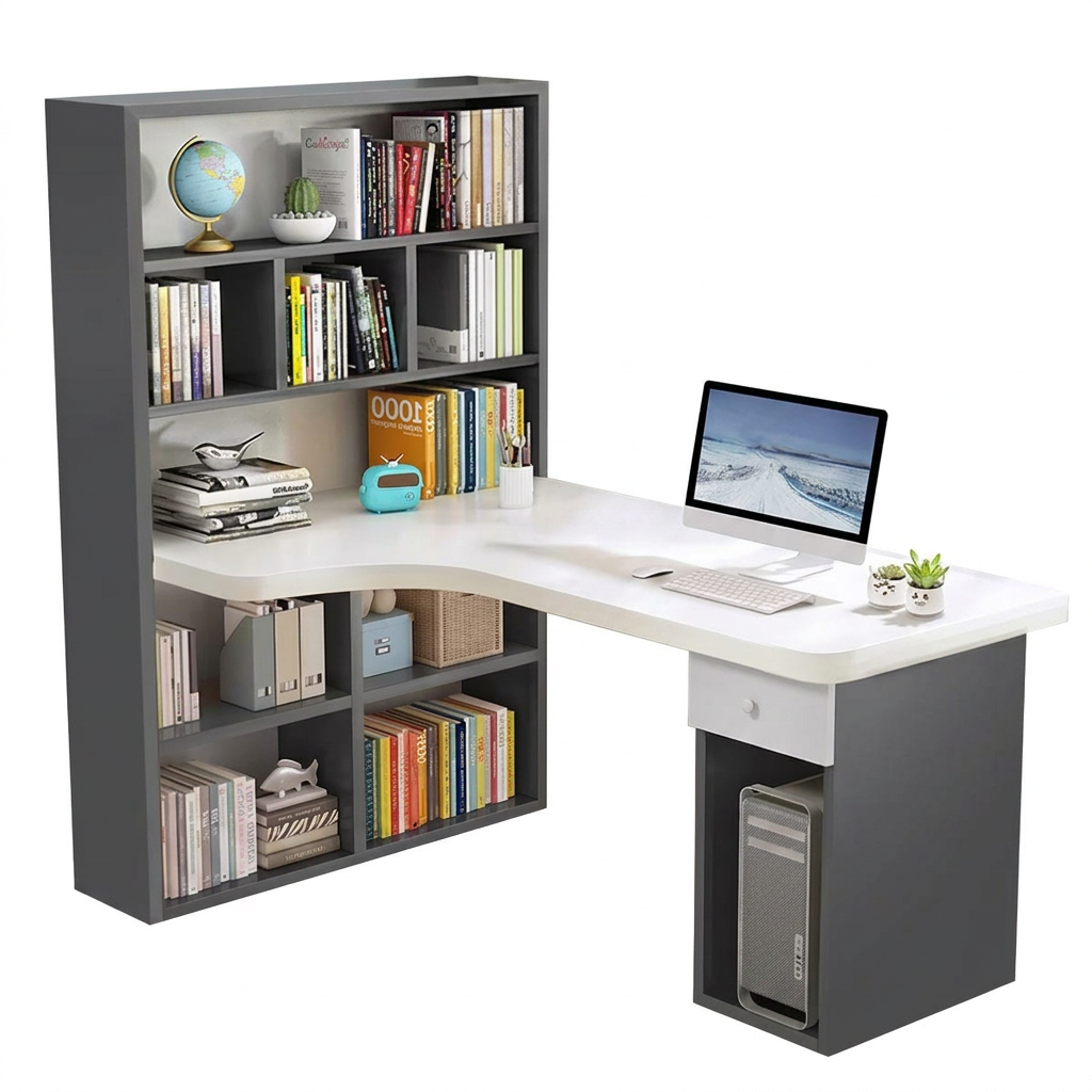 L-Shaped Corner Office Desk with Bookshelf, Engineered Wood Computer Desk 120–160cm