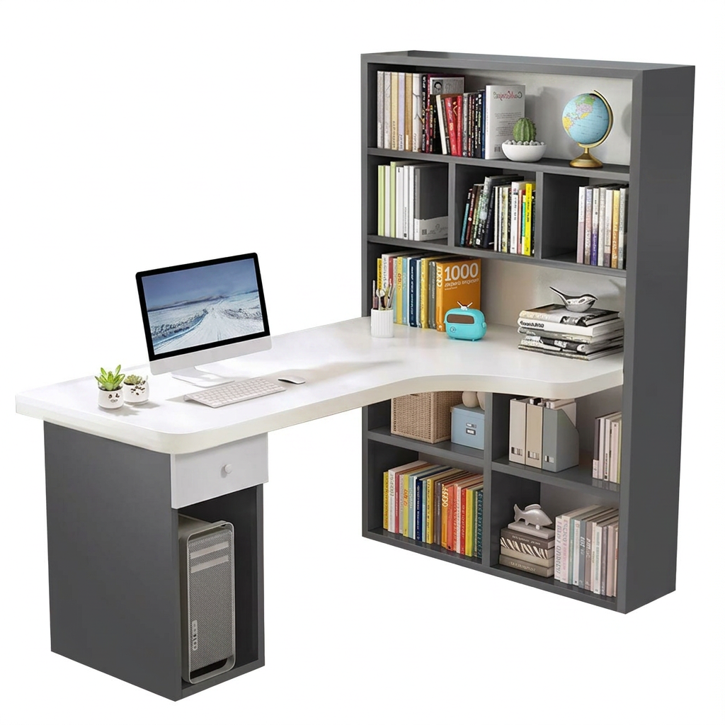 L-Shaped Corner Office Desk with Bookshelf, Engineered Wood Computer Desk 120–160cm