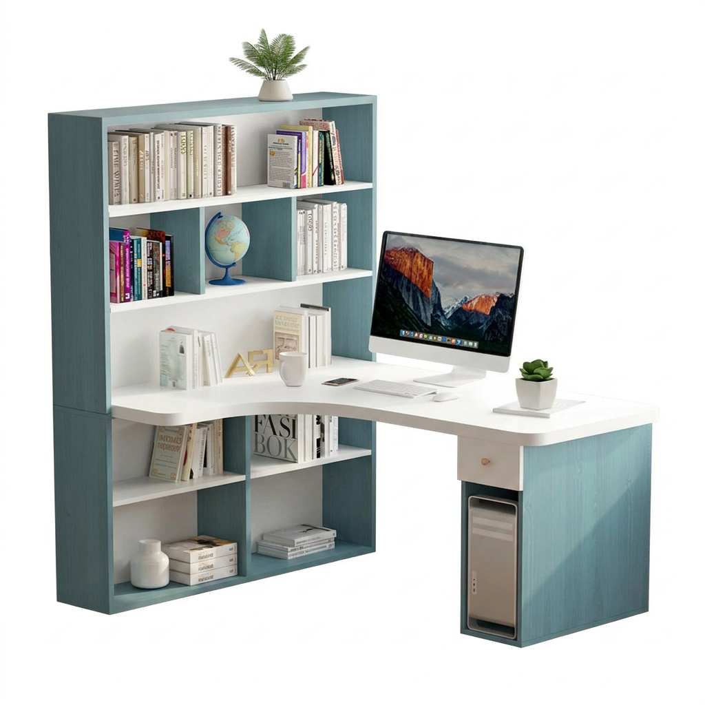 L-Shaped Corner Office Desk with Bookshelf, Engineered Wood Computer Desk 120–160cm