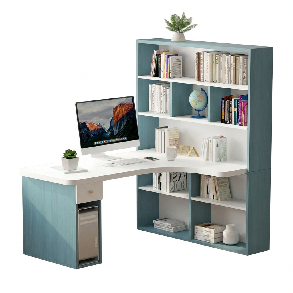 L-Shaped Corner Office Desk with Bookshelf, Engineered Wood Computer Desk 120–160cm