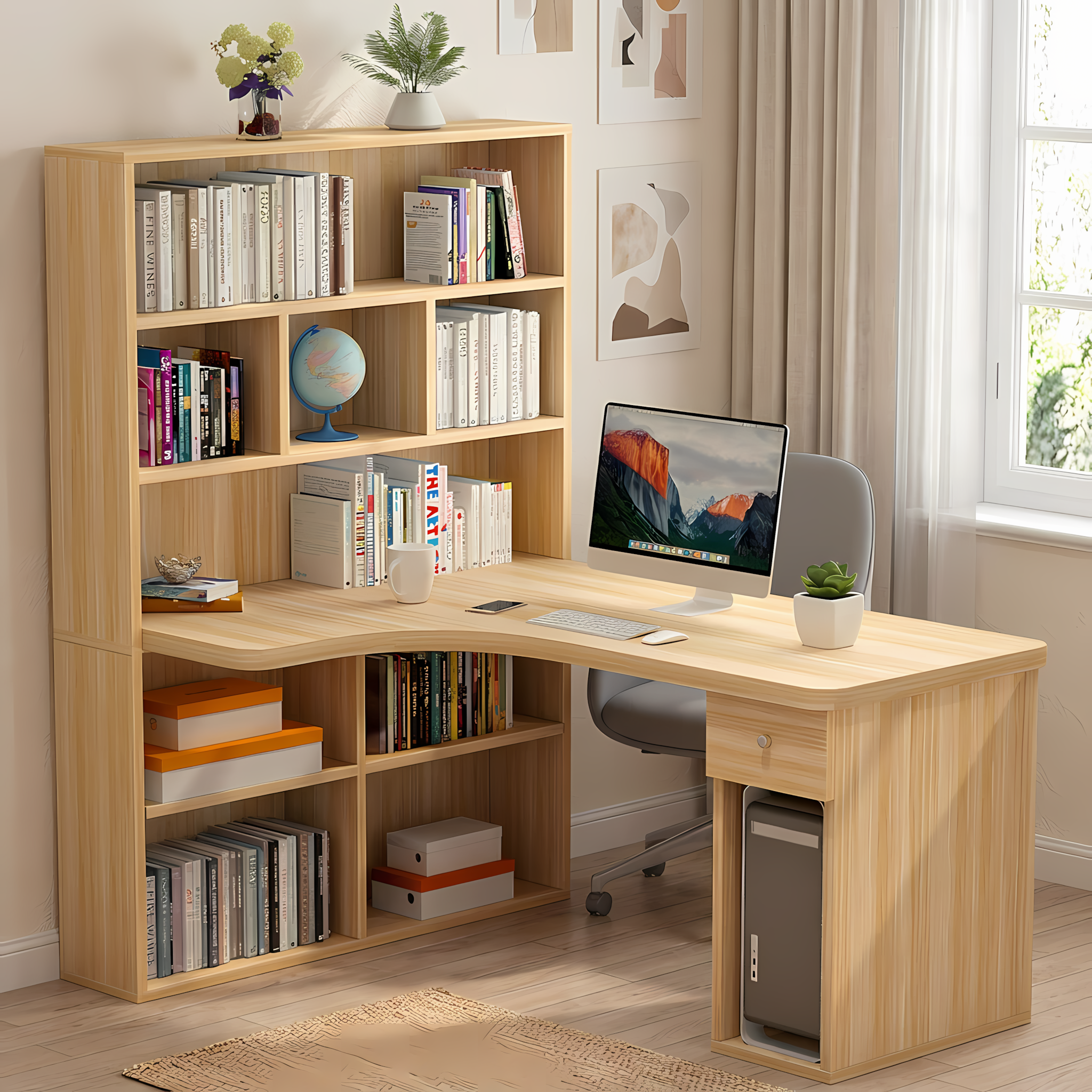 L-Shaped Corner Office Desk with Bookshelf, Engineered Wood Computer Desk 120–160cm
