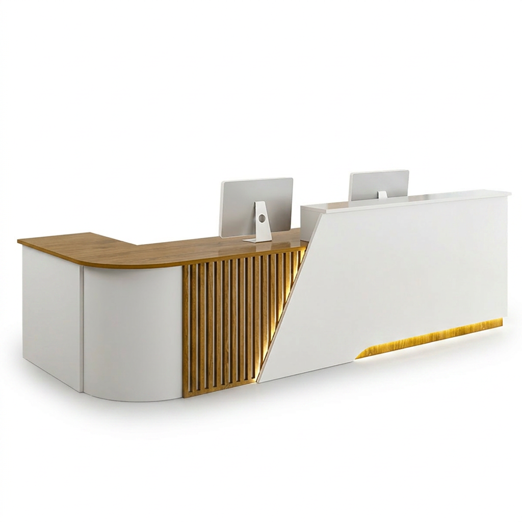 Modern L-Shaped Reception Desk Curved Front Counter for Shops | 1.2m-5m Size