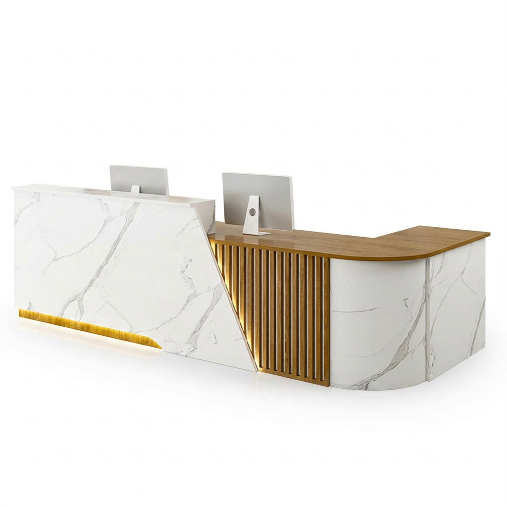 Modern L-Shaped Reception Desk Curved Front Counter for Shops | 1.2m-5m Size