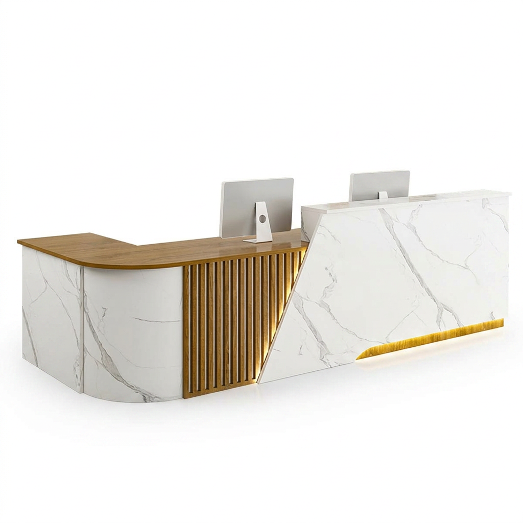 Modern L-Shaped Reception Desk Curved Front Counter for Shops | 1.2m-5m Size