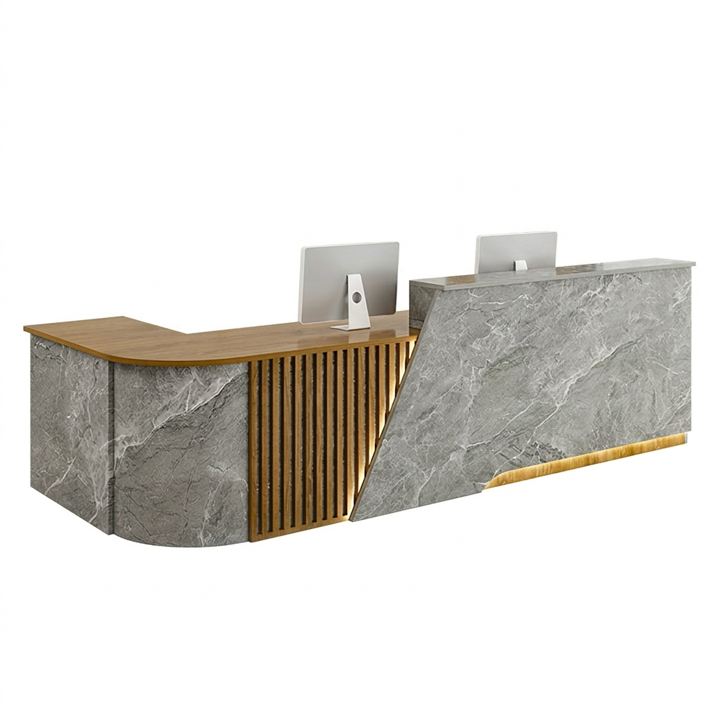 Modern L-Shaped Reception Desk Curved Front Counter for Shops | 1.2m-5m Size