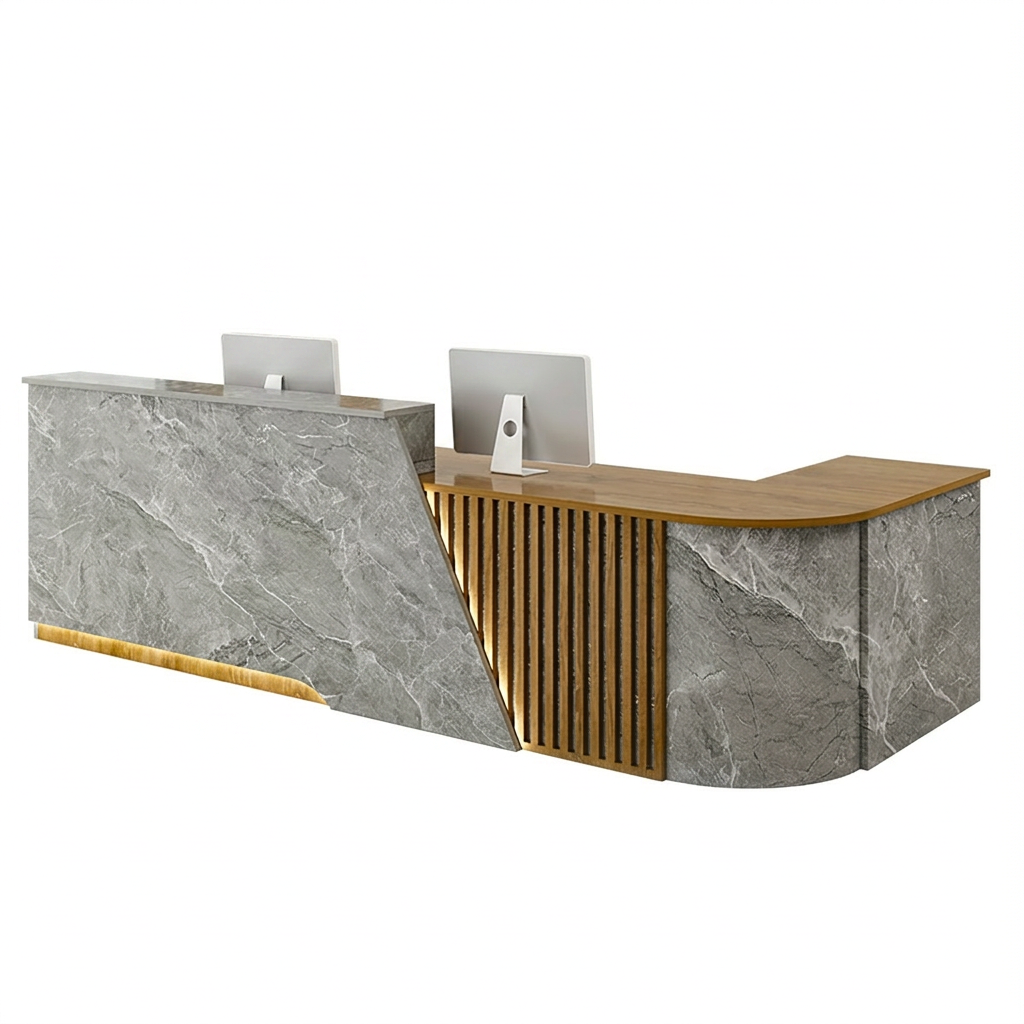 Modern L-Shaped Reception Desk Curved Front Counter for Shops | 1.2m-5m Size