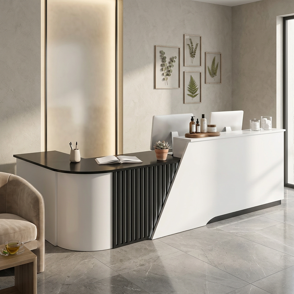 Modern L-Shaped Reception Desk Curved Front Counter for Shops | 1.2m-5m Size