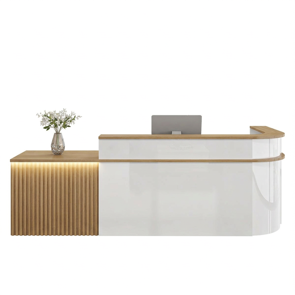 L-Shaped Curved Reception Desk: Multi-Purpose Counter for Salons & Offices