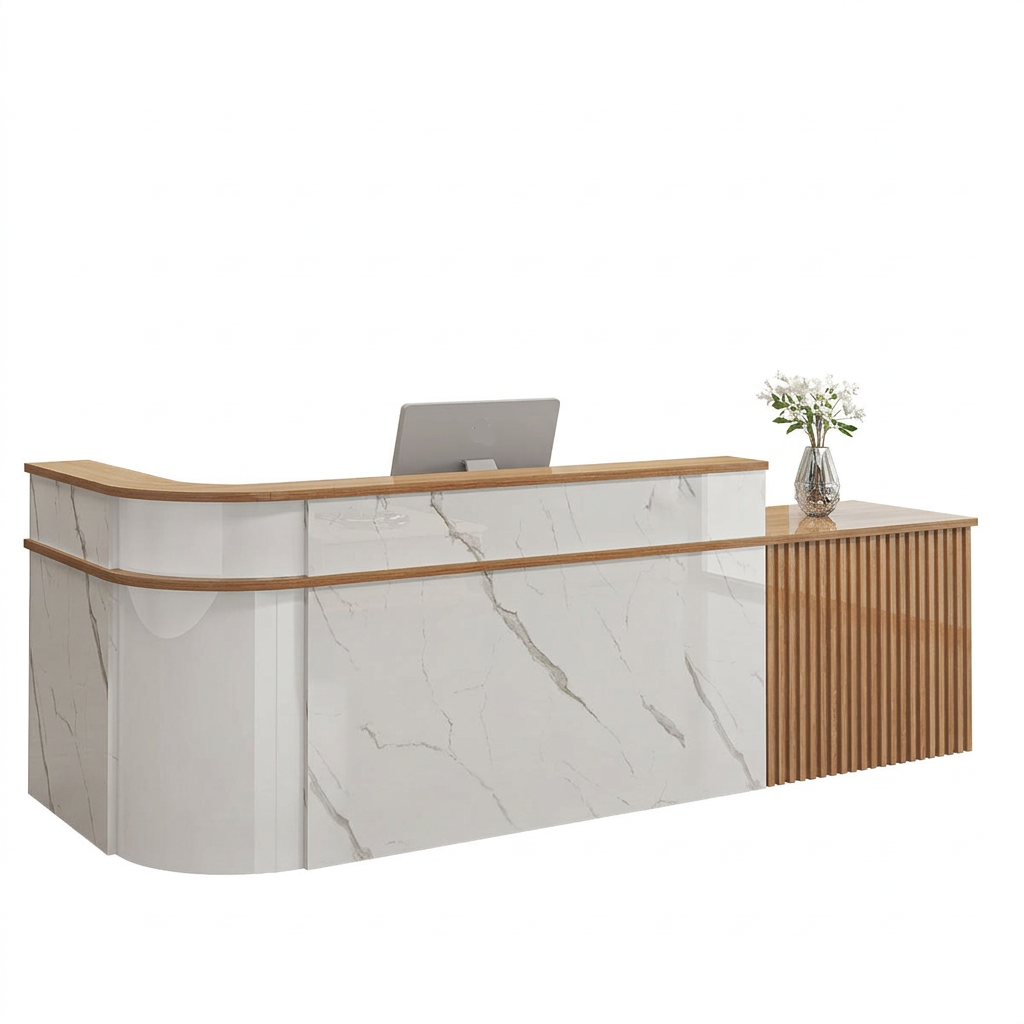 L-Shaped Curved Reception Desk: Multi-Purpose Counter for Salons & Offices