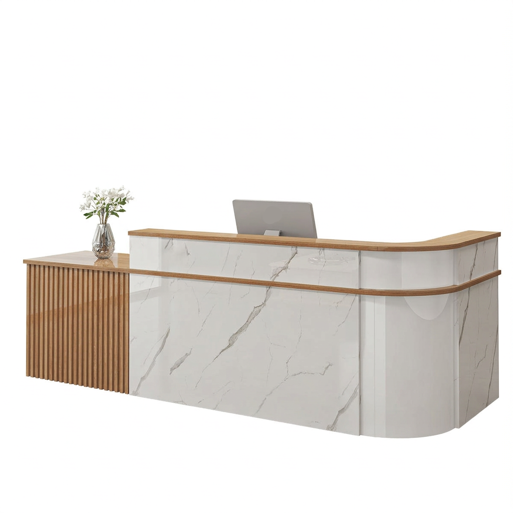 L-Shaped Curved Reception Desk: Multi-Purpose Counter for Salons & Offices
