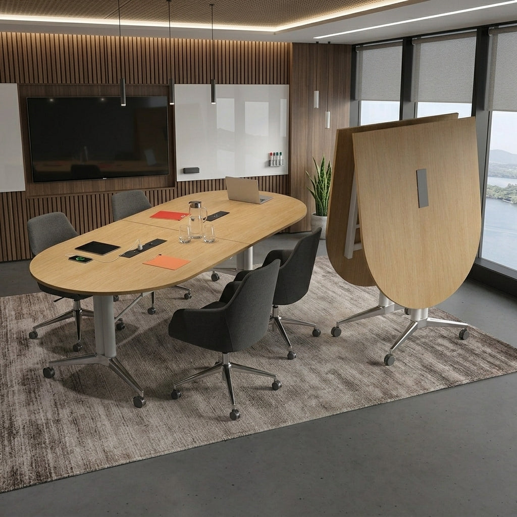 Folding Meeting Table Mobile Office Desk Oval Conference Table Dining Training 2m-2.8m