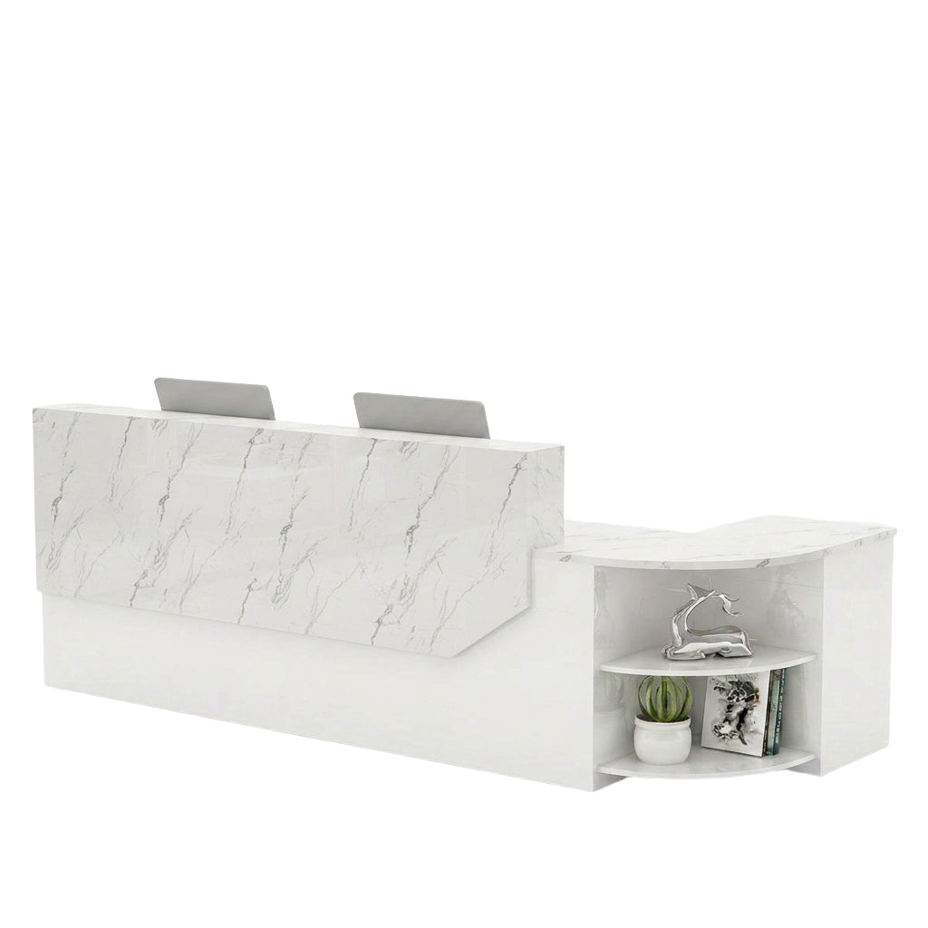Modern L-Shaped Curved Reception Desk Glossy Front Counter 140cm-420cm