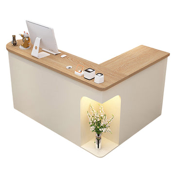 （In Stock Now）BDLFurniture L Shaped Reception Desk Modern Cream Salon Cashier Corner Bar Counter with LED Light