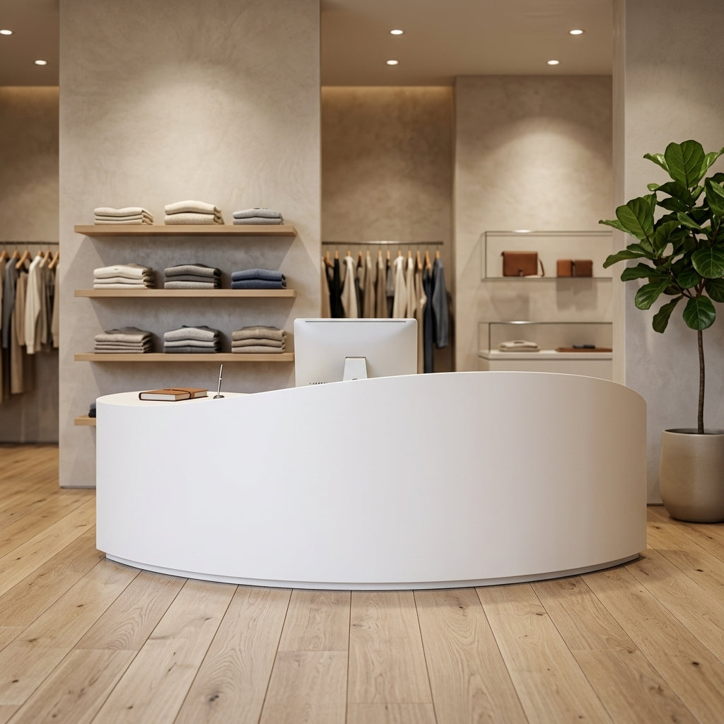 Curved High Gloss Reception Desk Lacquered Salon Counter Boutique Bar 100-400cm