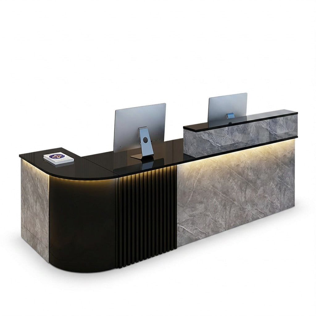 Modern L-Shaped Reception Desk with LED Lighting: White Counter | 120cm-420cm