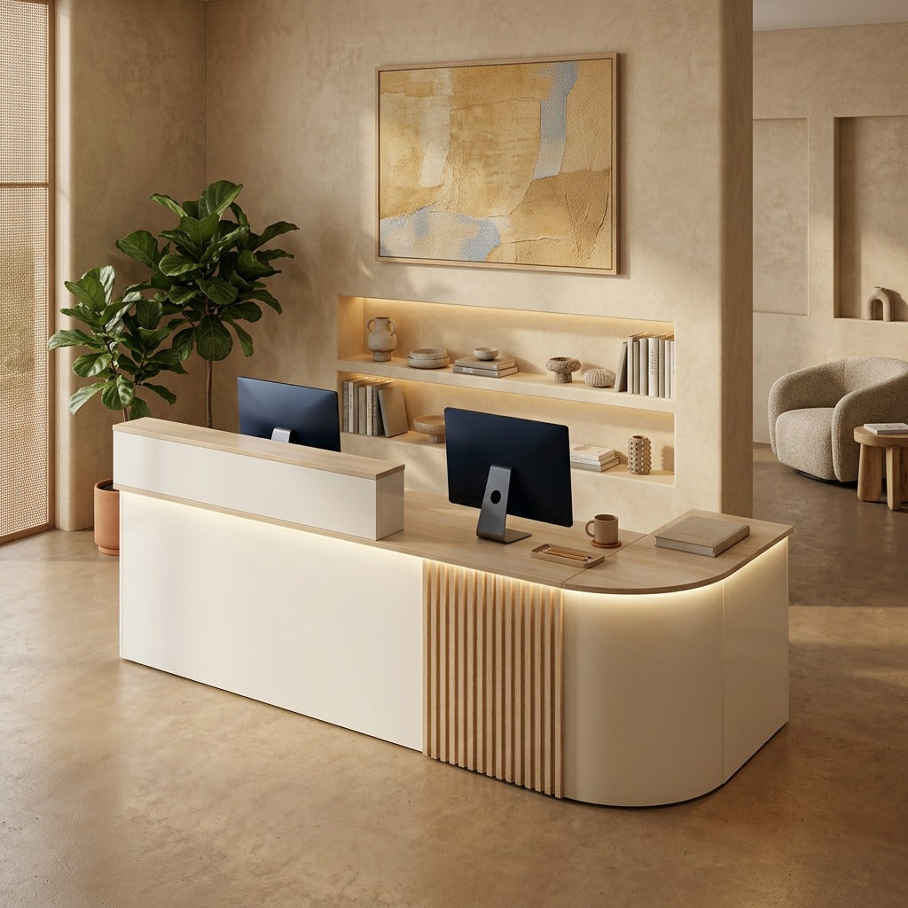Modern L-Shaped Reception Desk with LED Lighting: White Counter | 120cm-420cm