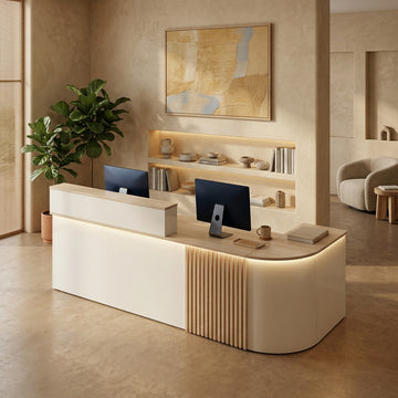 Modern L-Shaped Reception Desk with LED Lighting: White Counter | 120cm-420cm