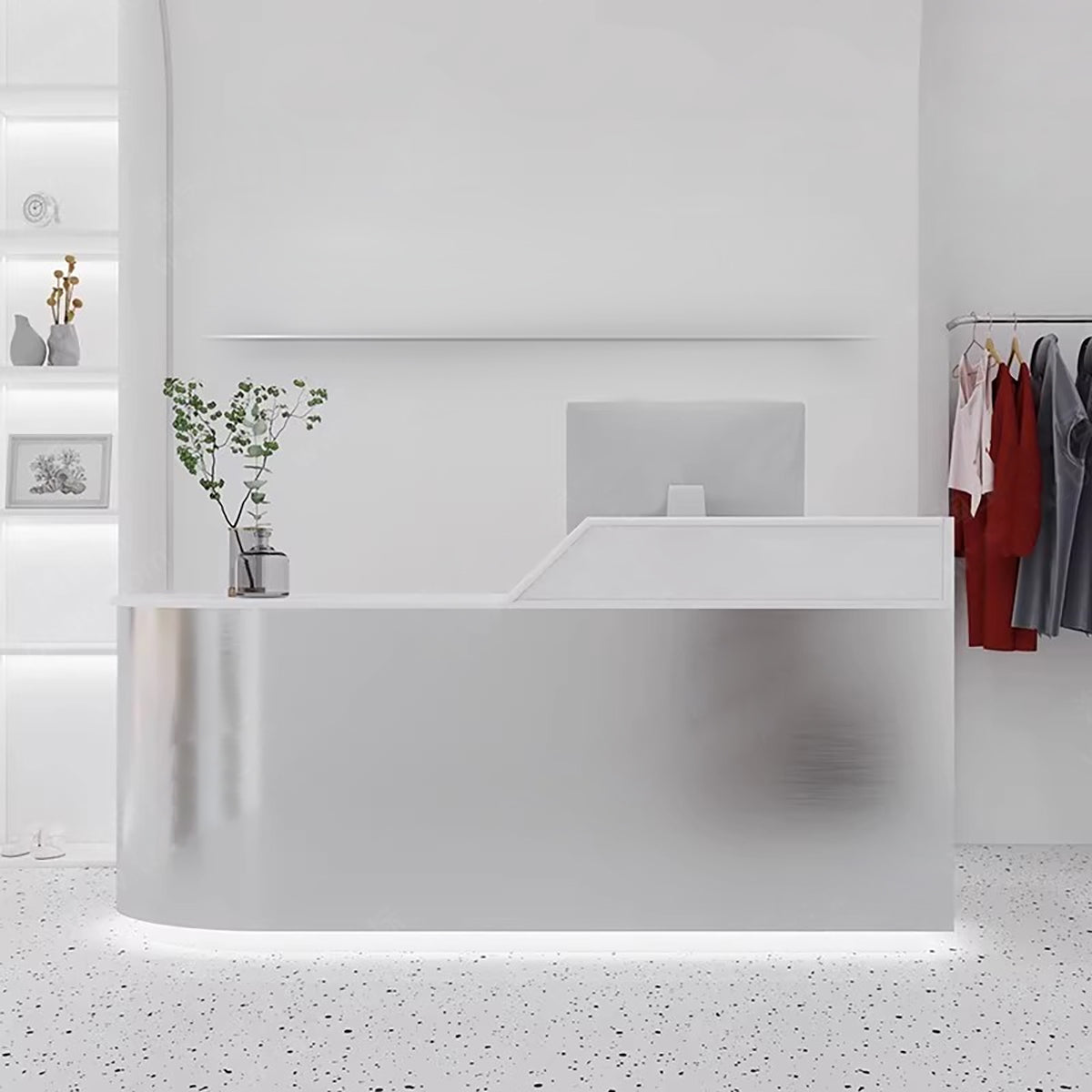 Modern Stainless Steel Reception Counter for Boutiques & Salons Curved Front Desk