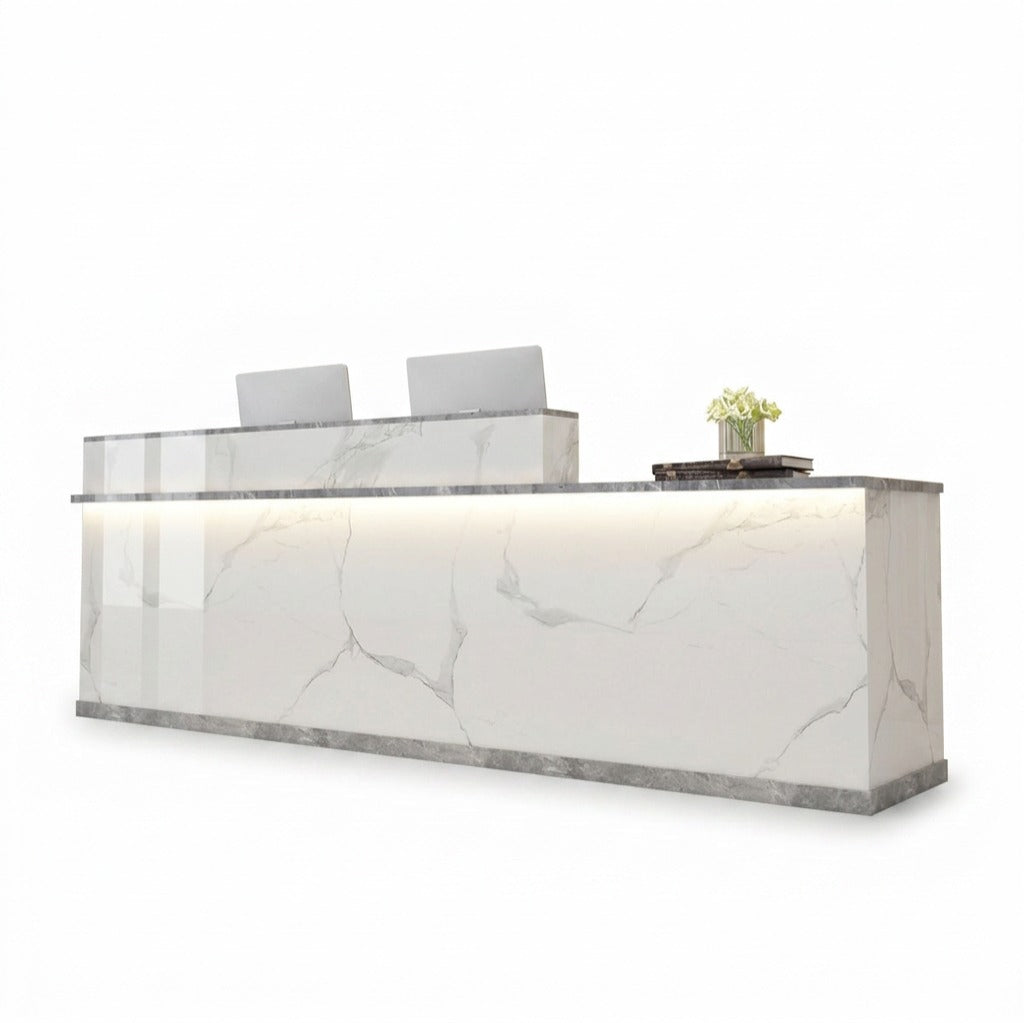 Modern L-Shaped Reception Desk with LED Lighting & Storage Office Counter