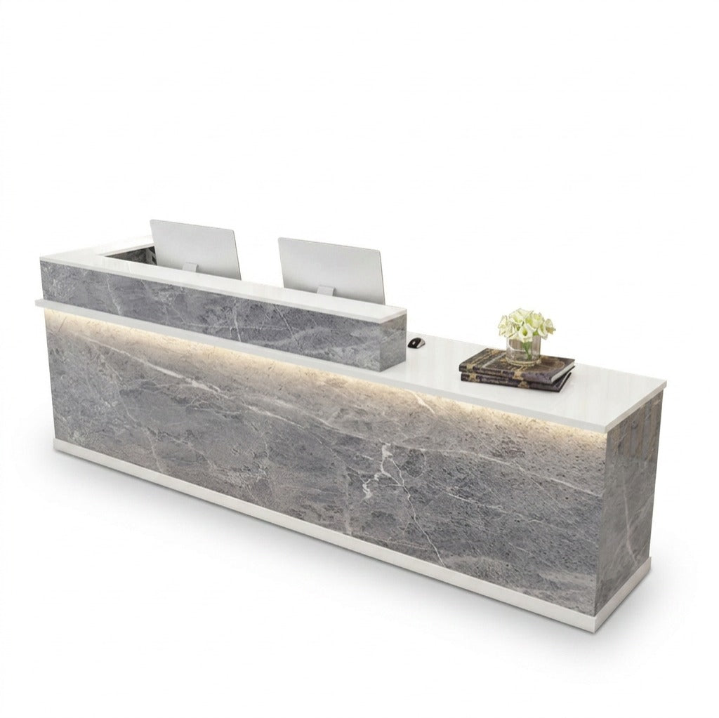 Modern L-Shaped Reception Desk with LED Lighting & Storage Office Counter
