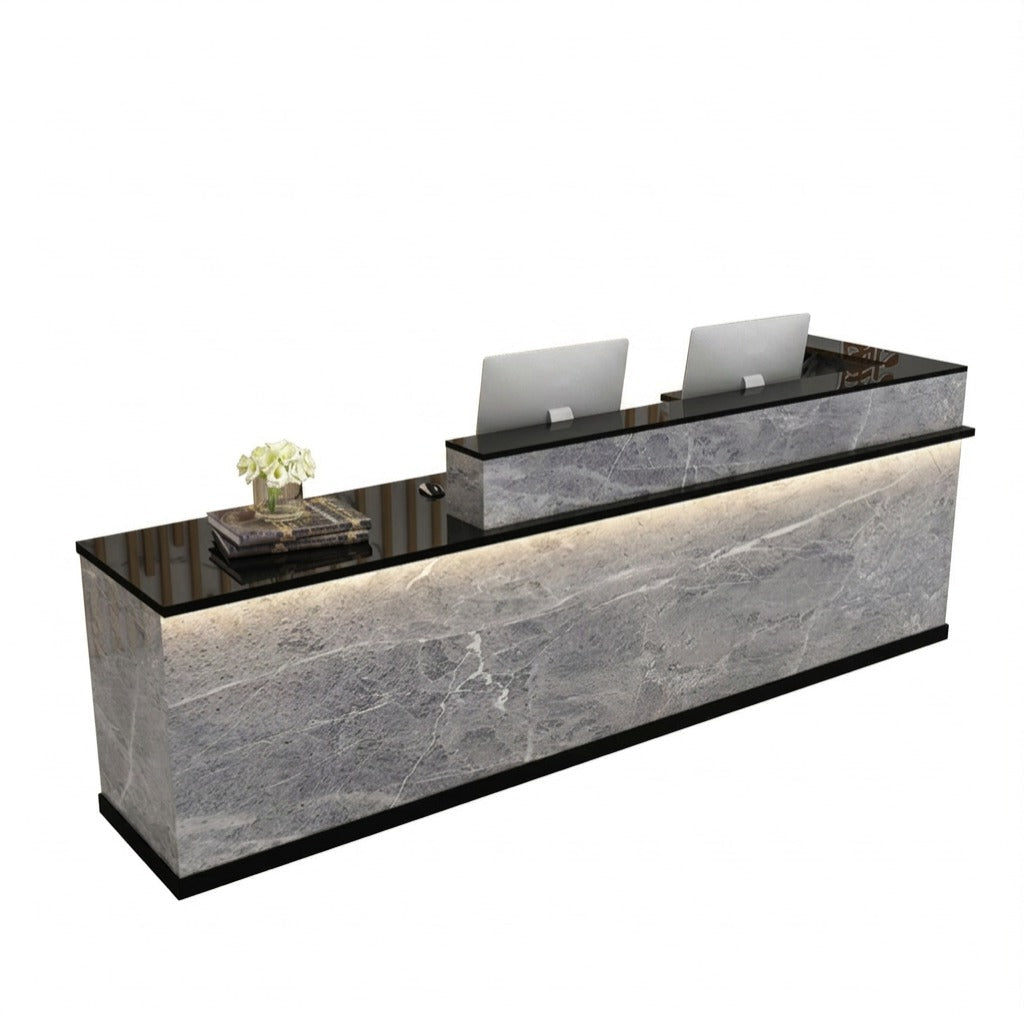 Modern L-Shaped Reception Desk with LED Lighting & Storage Office Counter