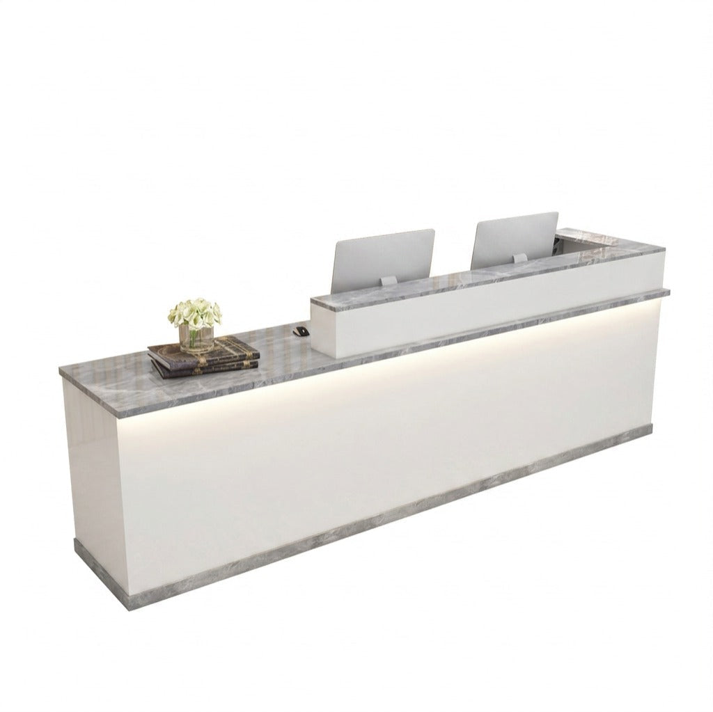 Modern L-Shaped Reception Desk with LED Lighting & Storage Office Counter