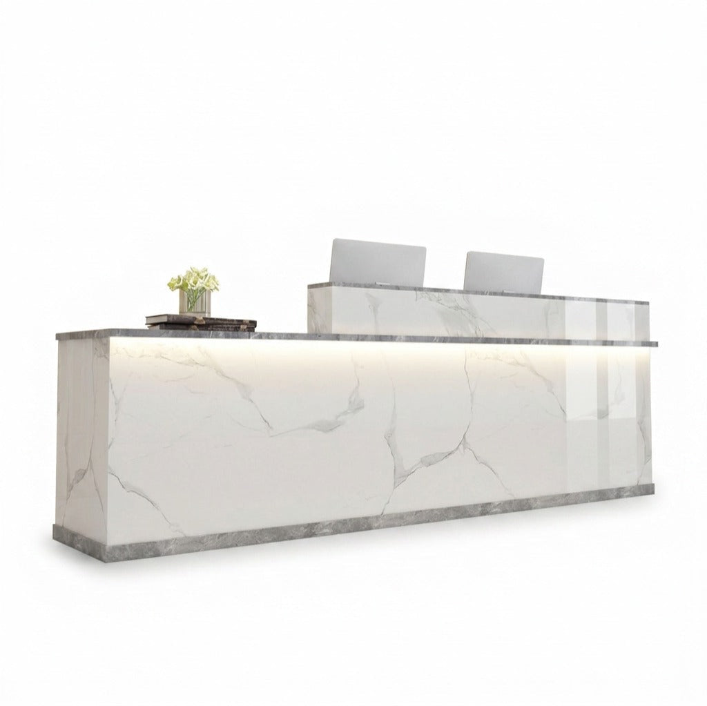 Modern L-Shaped Reception Desk with LED Lighting & Storage Office Counter