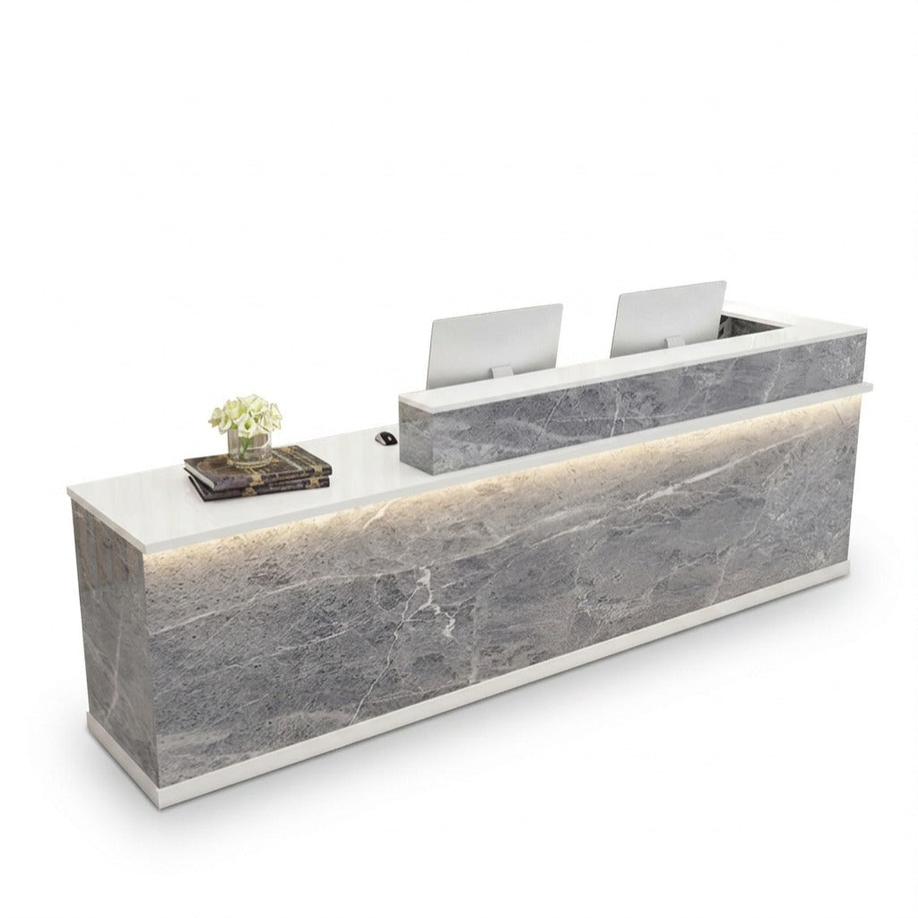 Modern L-Shaped Reception Desk with LED Lighting & Storage Office Counter