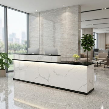 Modern L-Shaped Reception Desk with LED Lighting & Storage Office Counter