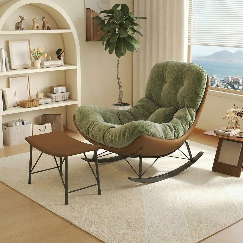 Modern Rocking Chair with Footrest, Chenille Lounge Chair with Solid Wood Base for Home