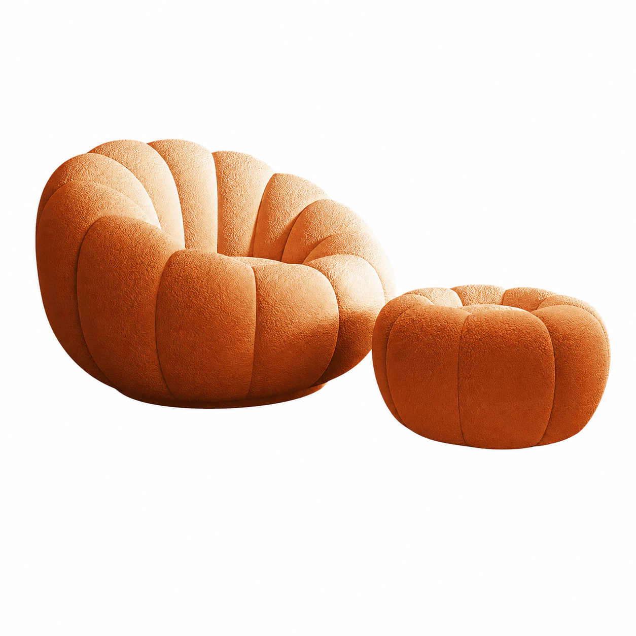 Teddy Bouclé Pumpkin Lazy Sofa Chair with Footrest, Reclining Lounge Chair for Living Room
