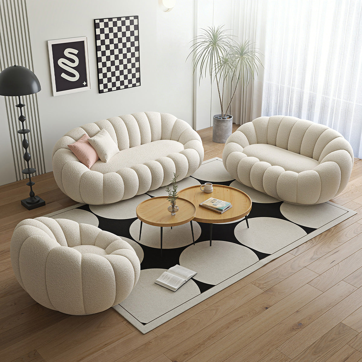 Teddy Bouclé Pumpkin Lazy Sofa Chair with Footrest, Reclining Lounge Chair for Living Room