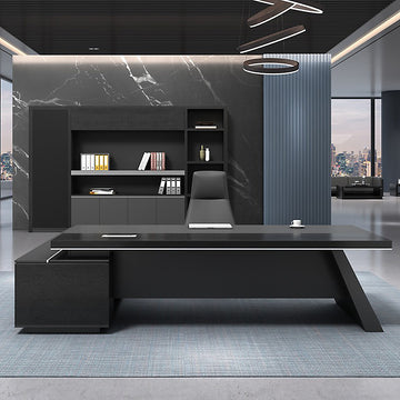 BDLFurniture Modern Black L Shaped Executive Desk 5cm Thick Top Table Cabinet Chair 180-280cm