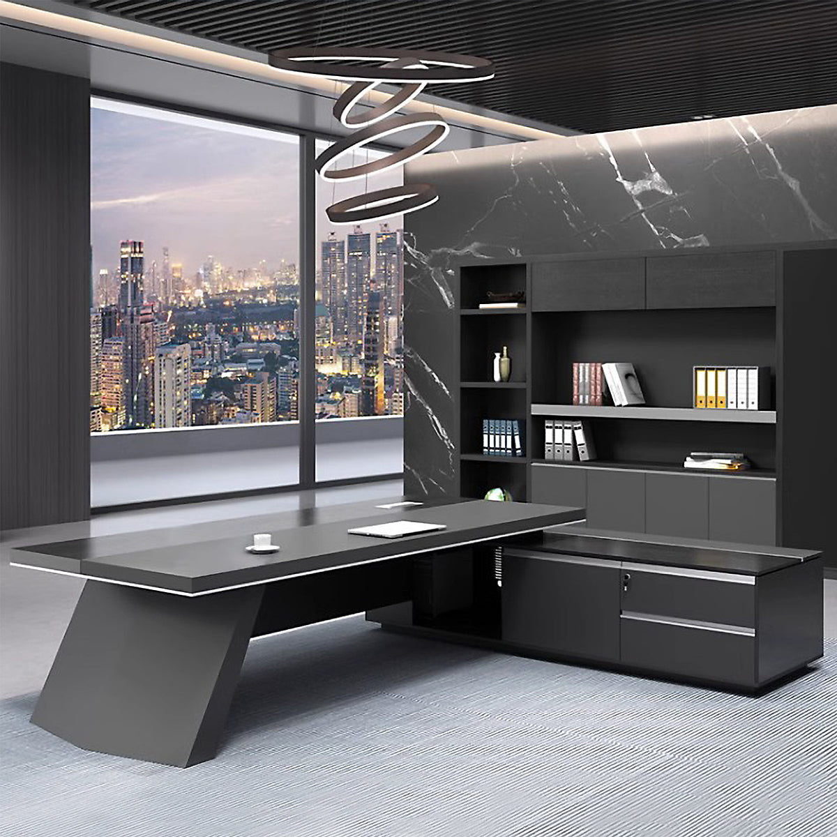 BDLFurniture Modern Black L Shaped Executive Desk 5cm Thick Top Table Cabinet Chair 180-280cm