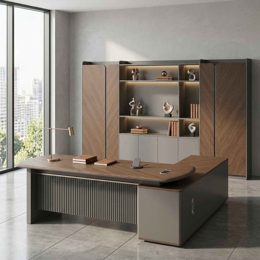 Executive L-Shaped Desk: 5cm Thick Top with LED & Media Hub | 1.6m-3.4m