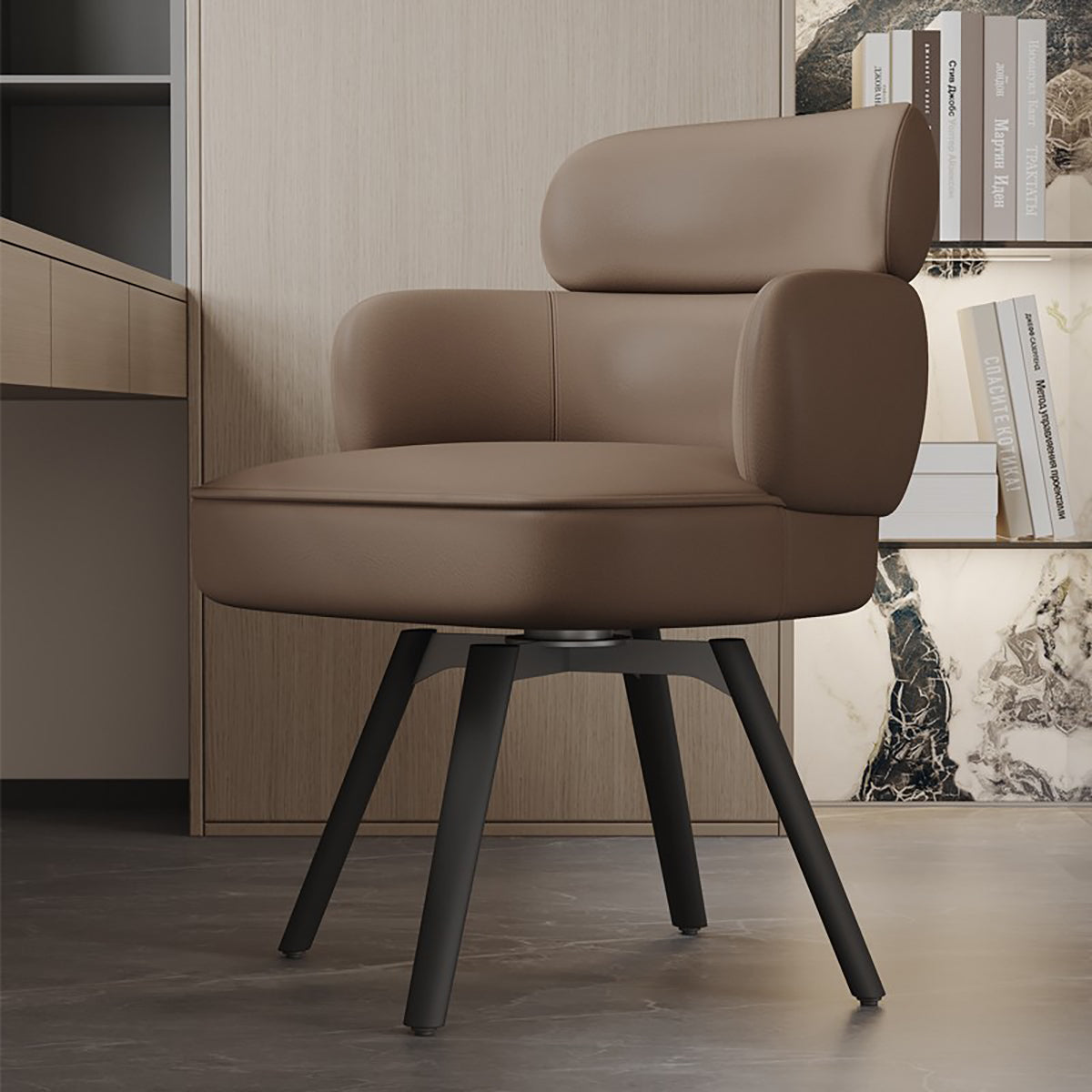 Modern 360° Swivel Dining Chair with Leather Upholstery, Foam Cushion and Carbon Steel Legs