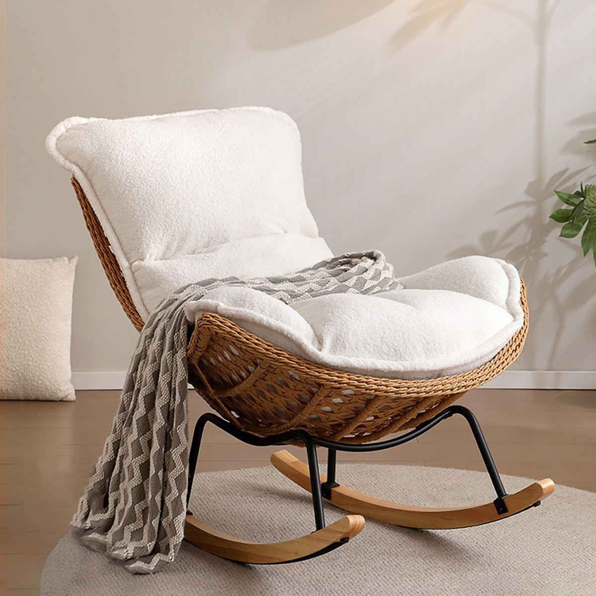 Rattan Rocking Chair with Footrest, Outdoor Lounge Chair with Removable Cushion for Patio