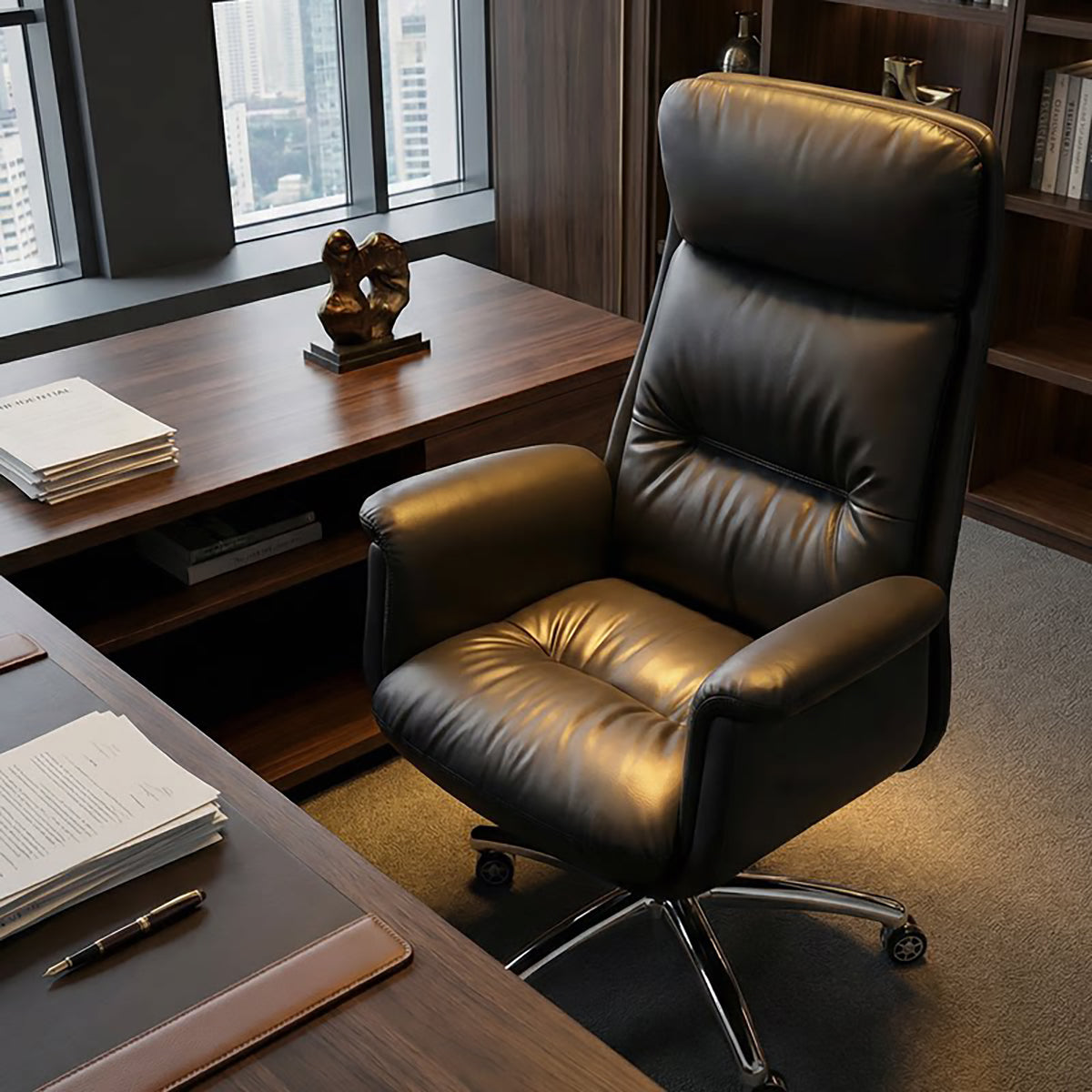 Executive Leather Office Chair & Desk Chair Reclining Steel Base Comfortable Long Hour Chair