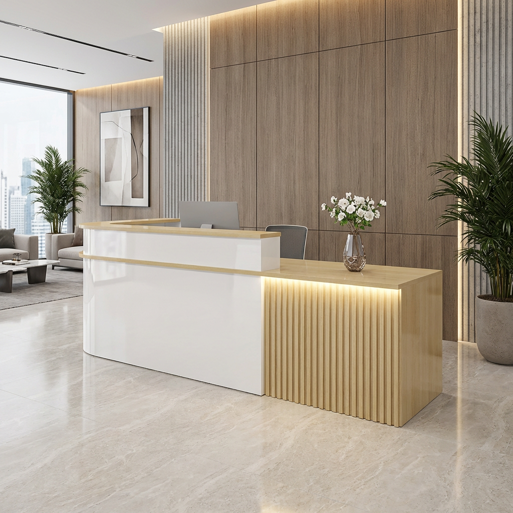 L-Shaped Curved Reception Desk: Multi-Purpose Counter for Salons & Offices