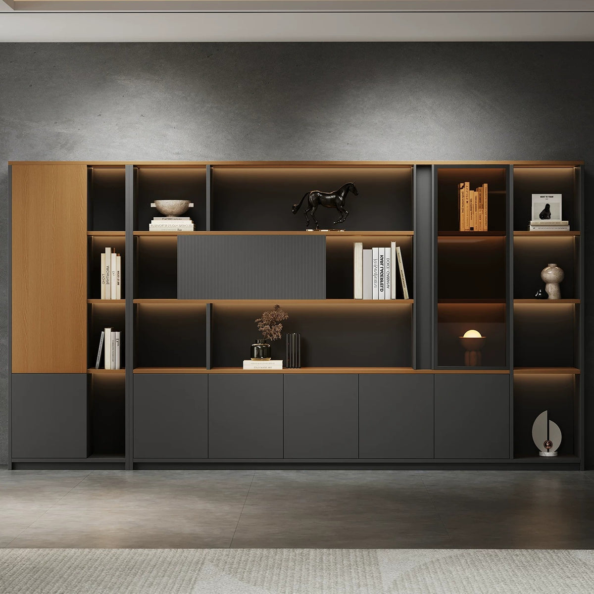 BDLFurniture Modular Office File Storage Cabinet Bookcase Unit LED Light 80-480cm Grey Khaki